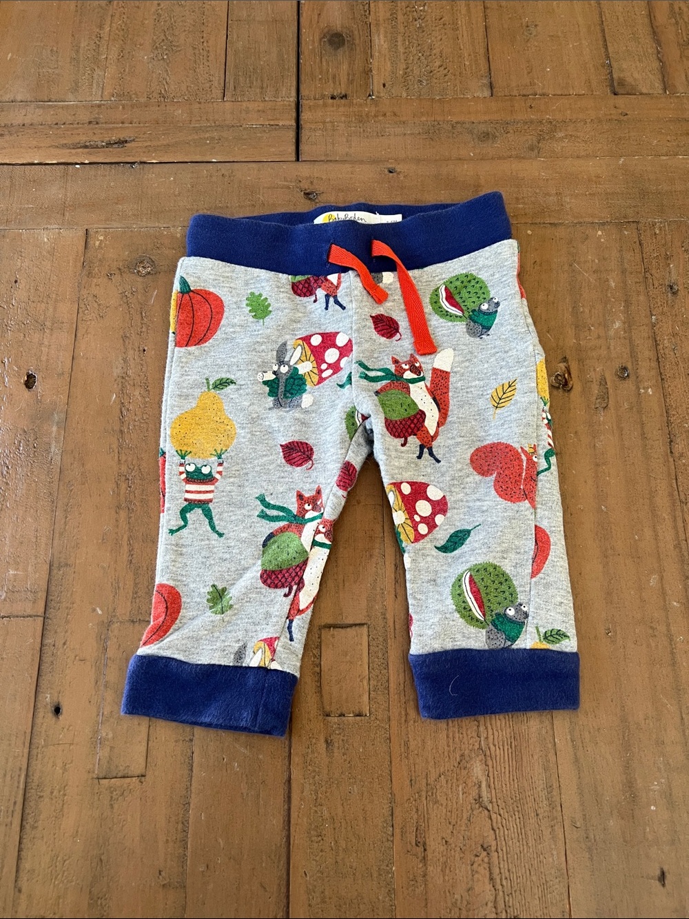 Baby Boden frog pumpkin mushroom woodland print pull on joggers 3-6 months